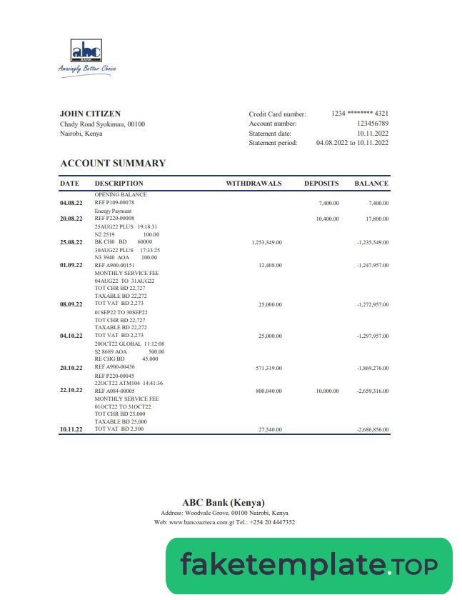 Feature of fake Kenya ABC bank statement xls